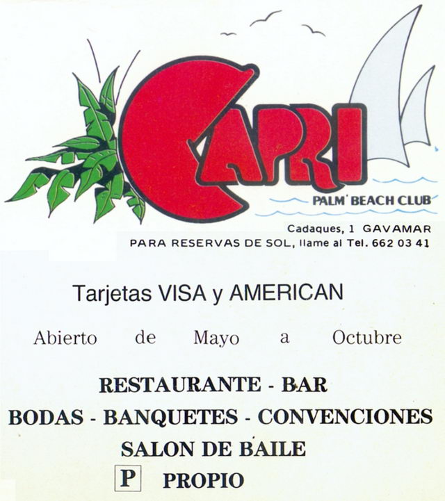 Anunci del PALM BEACH CLUB CAPRI de Gav Mar publicat en una Guia de Gav de l'any 1986